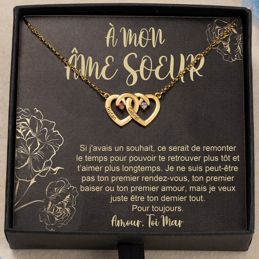 Collier personnalisé avec pierre de naissance double cœur pour mon âme sœur, avec noms, cadeaux d'anniversaire, cadeaux de Saint-Valentin