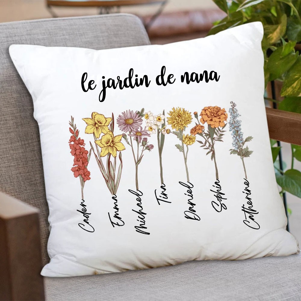 Housse de coussin de jardin de grand-mère personnalisée cadeau de taie d'oreiller de fleur de mois de naissance personnalisé pour grand-mère de Nana