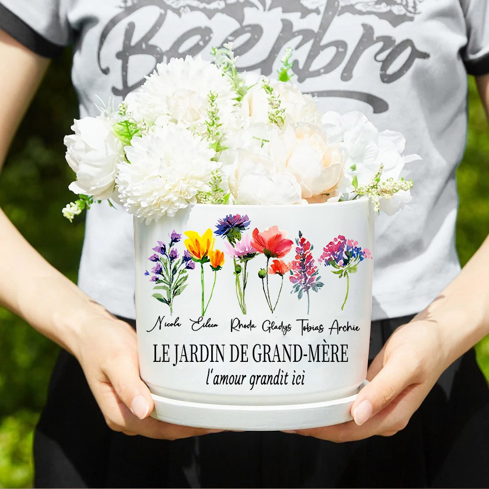 Pot de fleur du mois de naissance du jardin de grand-mère avec noms d'enfants, cadeaux personnalisés pour maman grand-mère