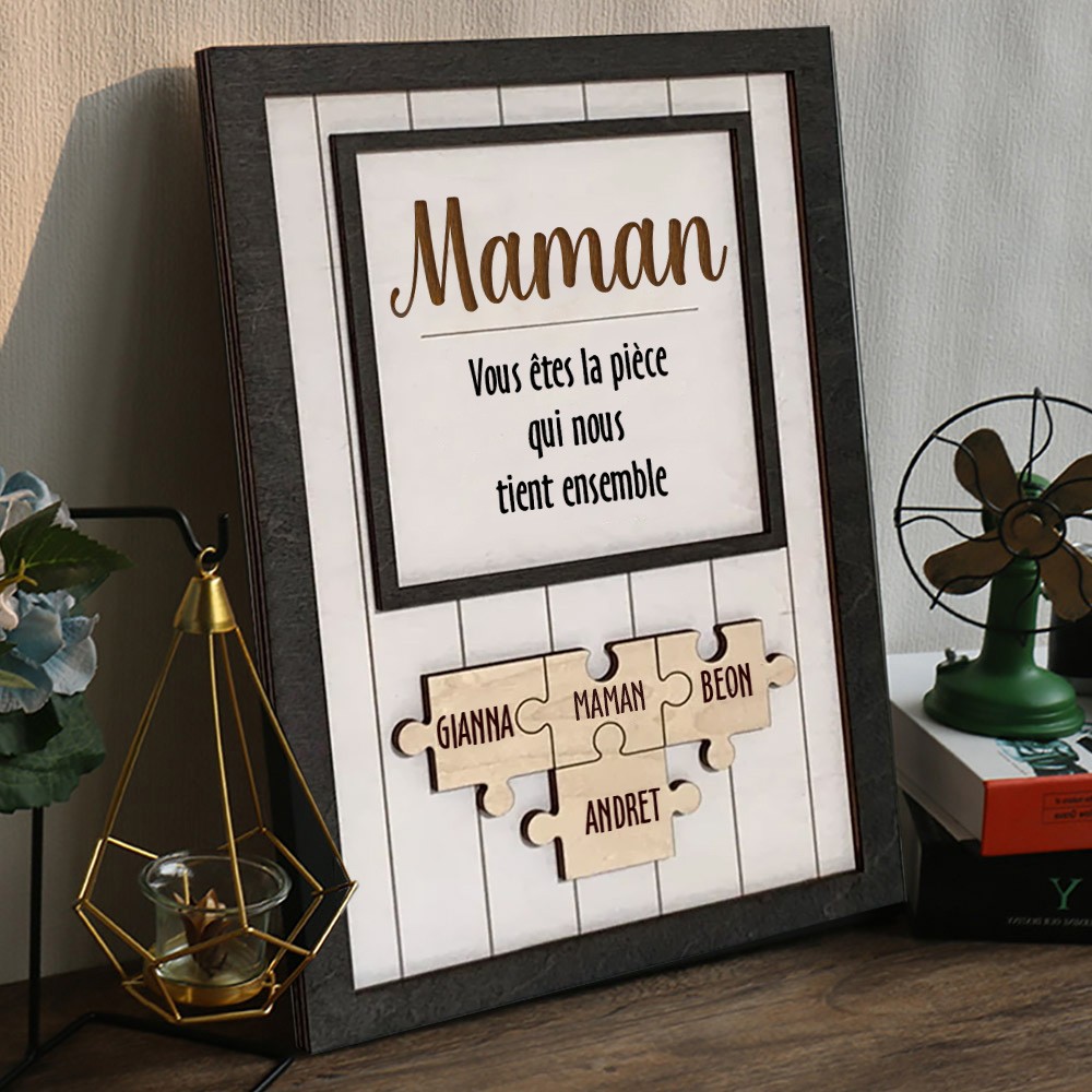 Maman tu es la pièce qui nous tient ensemble Pièces de puzzle personnalisées Signe de nom Cadeau d'amour pour grand-mère maman