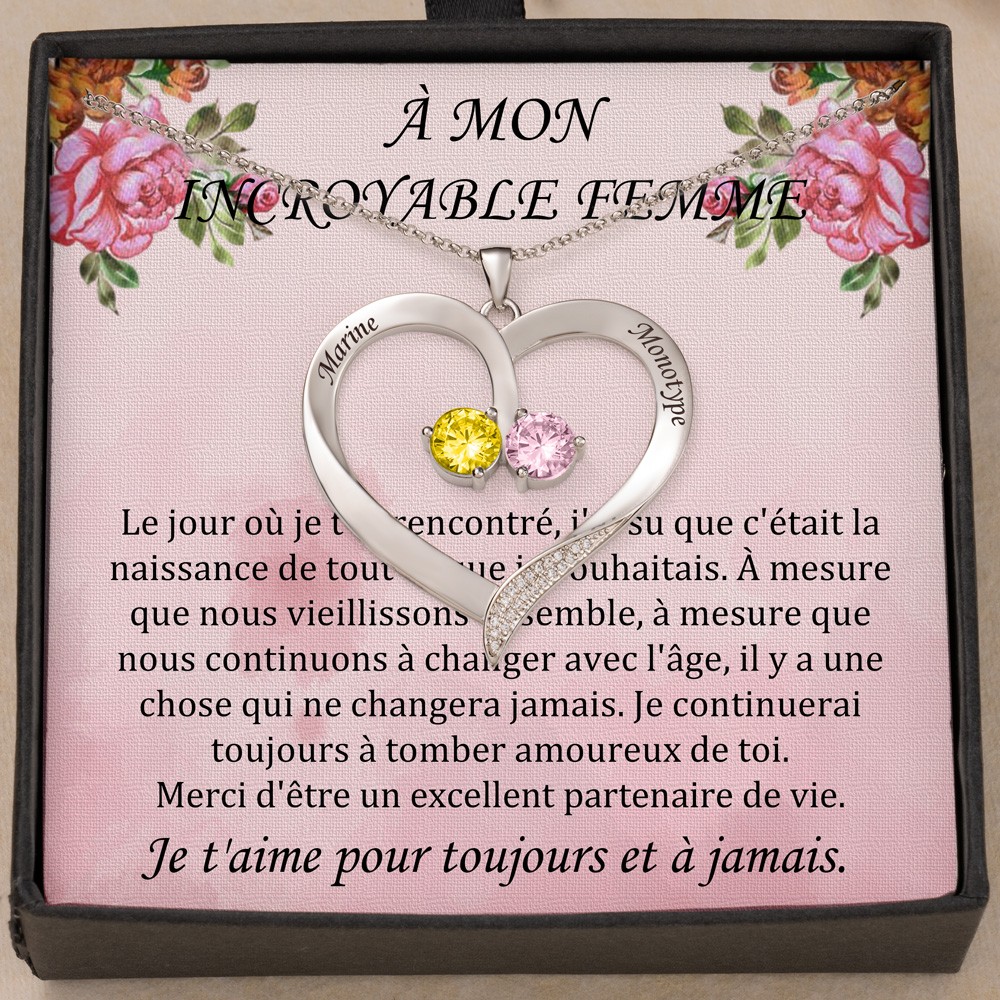 Collier avec nom de cœur personnalisé pour ma femme, avec pierre de naissance, cadeaux d'anniversaire pour femme, cadeau de saint-valentin