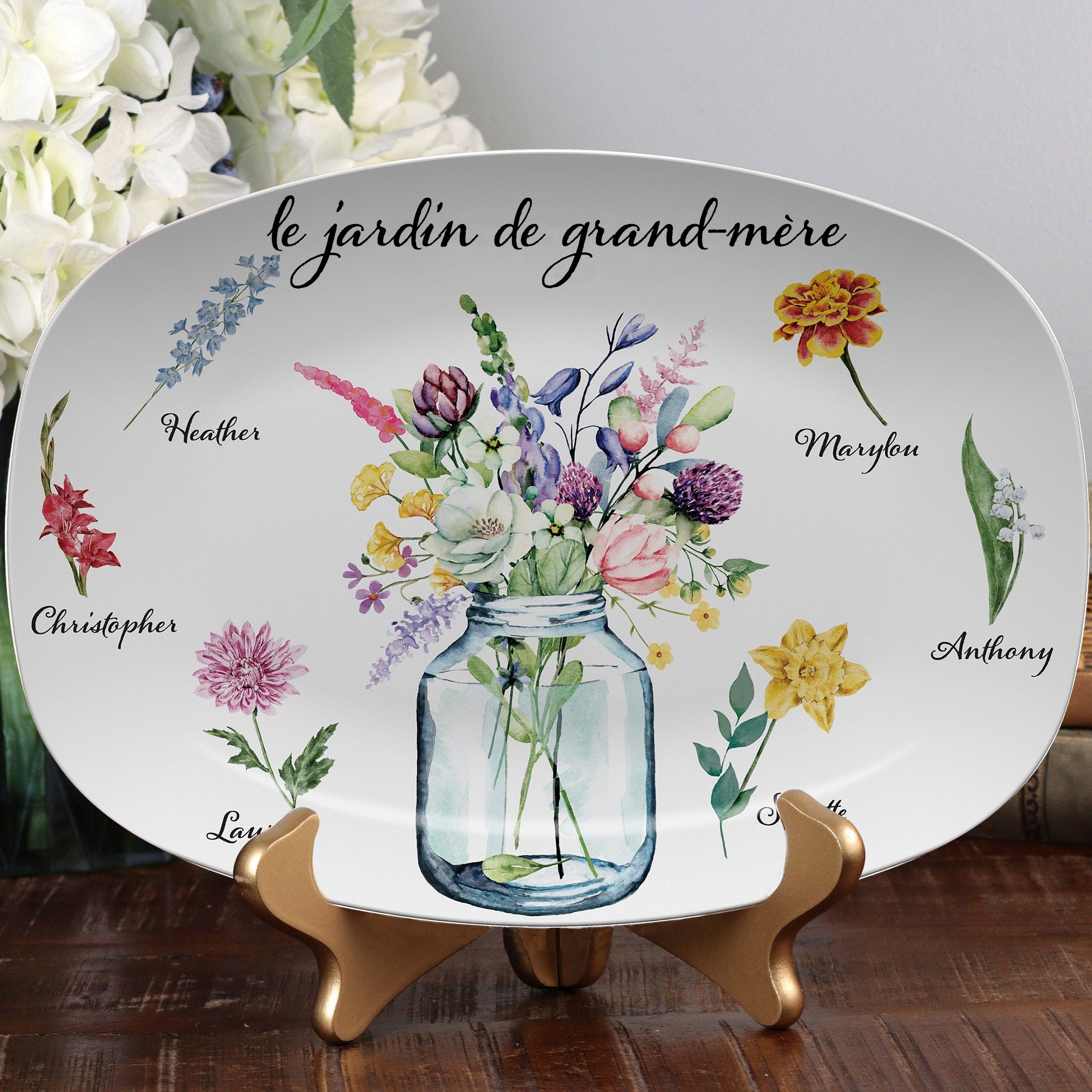 Plateau de fleurs personnalisé du mois de naissance du jardin de grand-mère avec noms d'enfants, cadeau de Noël pour grand-mère maman