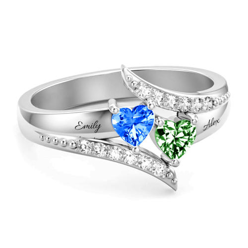 Bague de promesse personnalisée en argent sterling à double cœur avec pierre de naissance S925 pour elle