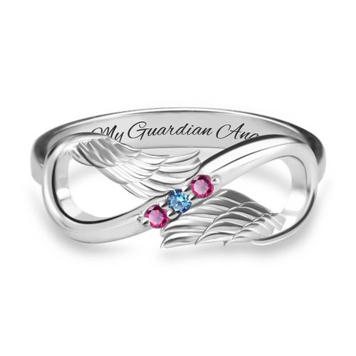 Bague infinité d'ailes d'ange personnalisée en argent sterling S925 avec pierres de naissance pour elle