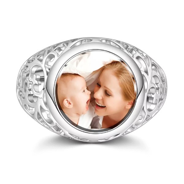 Bague photo ronde personnalisée en argent sterling S925 pour la mère