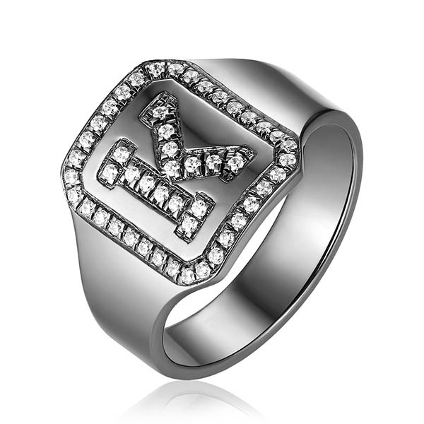 Bague initiale de CZ plaquée noire personnalisée en argent sterling S925 en argent sterling