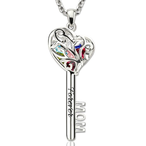 Collier personnalisé de clé de cage de coeur de maman avec 1-8 pierres de naissance