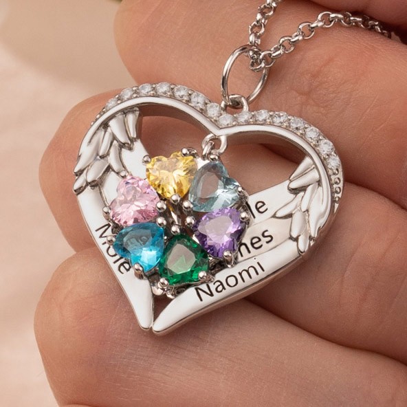 Collier prénom personnalisé en forme de coeur avec pierres de naissance Collier familial Cadeau pour son amour Cadeau pour maman