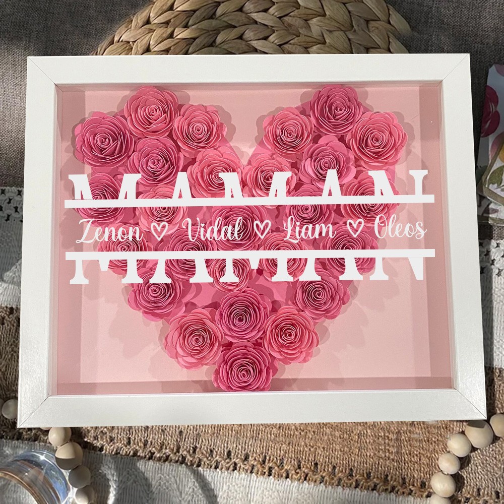 Boîte d'ombre à fleurs monogramme en forme de cœur pour maman, personnalisée, avec noms d'enfants, cadeaux de fête des mères