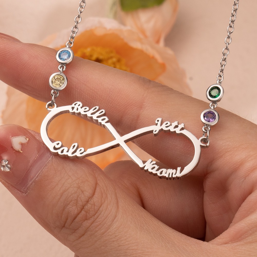 Collier Prénom Infinity avec Pierres de Naissance Collier de Famille Personnalisé Cadeau pour Son Nouveau Cadeau de Maman