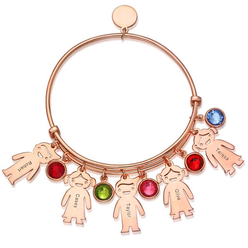 Bracelet jonc personnalisé par or rose 18K avec 1-10 pierres de naissance charmes d'enfants