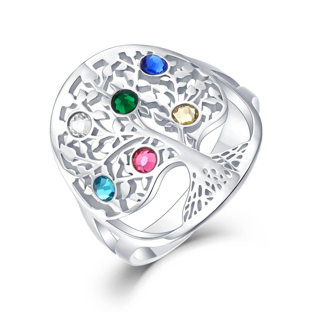 Bague arbre généalogique personnalisée en argent sterling S925 avec 1 à 6 pierres de naissance