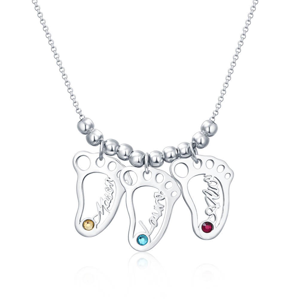 Argent personnalisé 1-10 pieds de bébé forme pendentifs nom collier avec pierres de naissance collier de mère