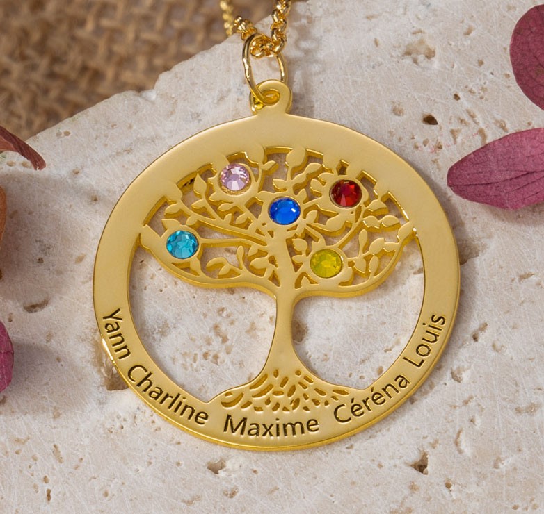 Collier personnalisé arbre de vie avec pierre de naissance, cadeau pour femme, cadeau de Noël pour maman, grand-mère, épouse