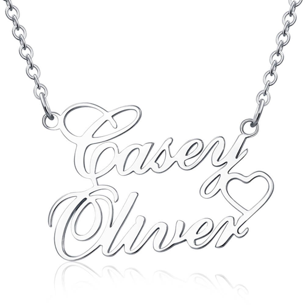 Collier Double Prénom Personnalisé Cuivre/925 Argent Sterling avec Coeur Découpé