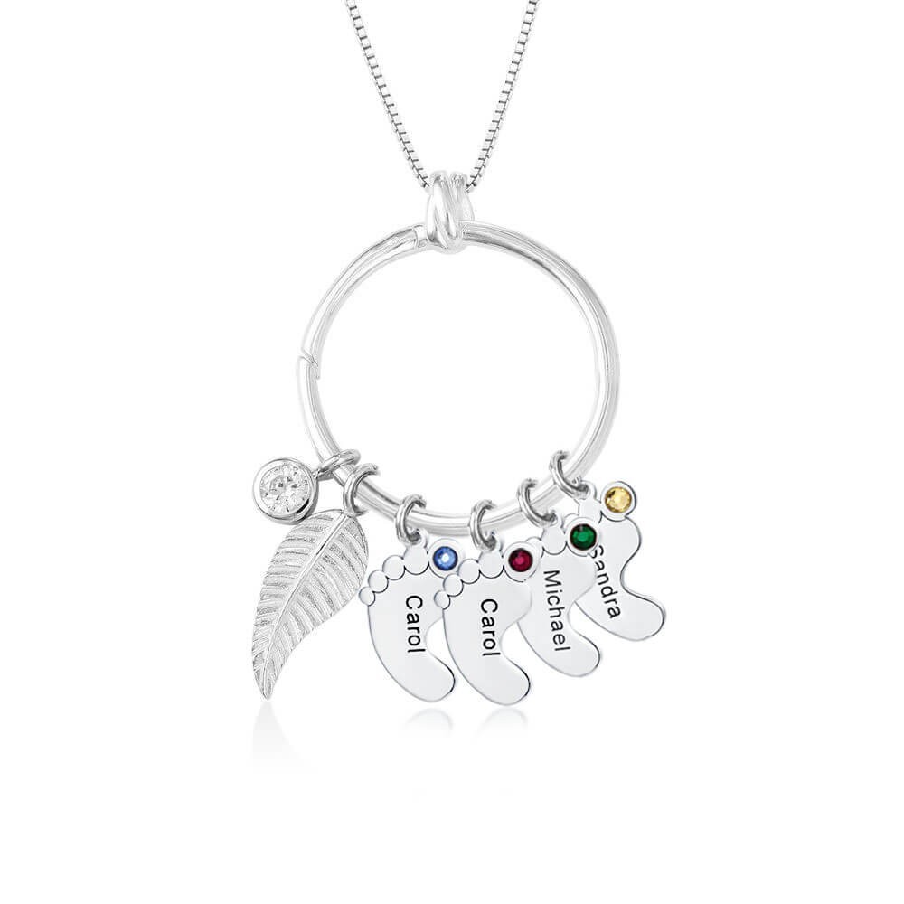 Cercle de charme de feuille personnalisé avec 1 à 8 pendentifs en forme de pieds de bébé, cadeau parfait pour la fête des mères