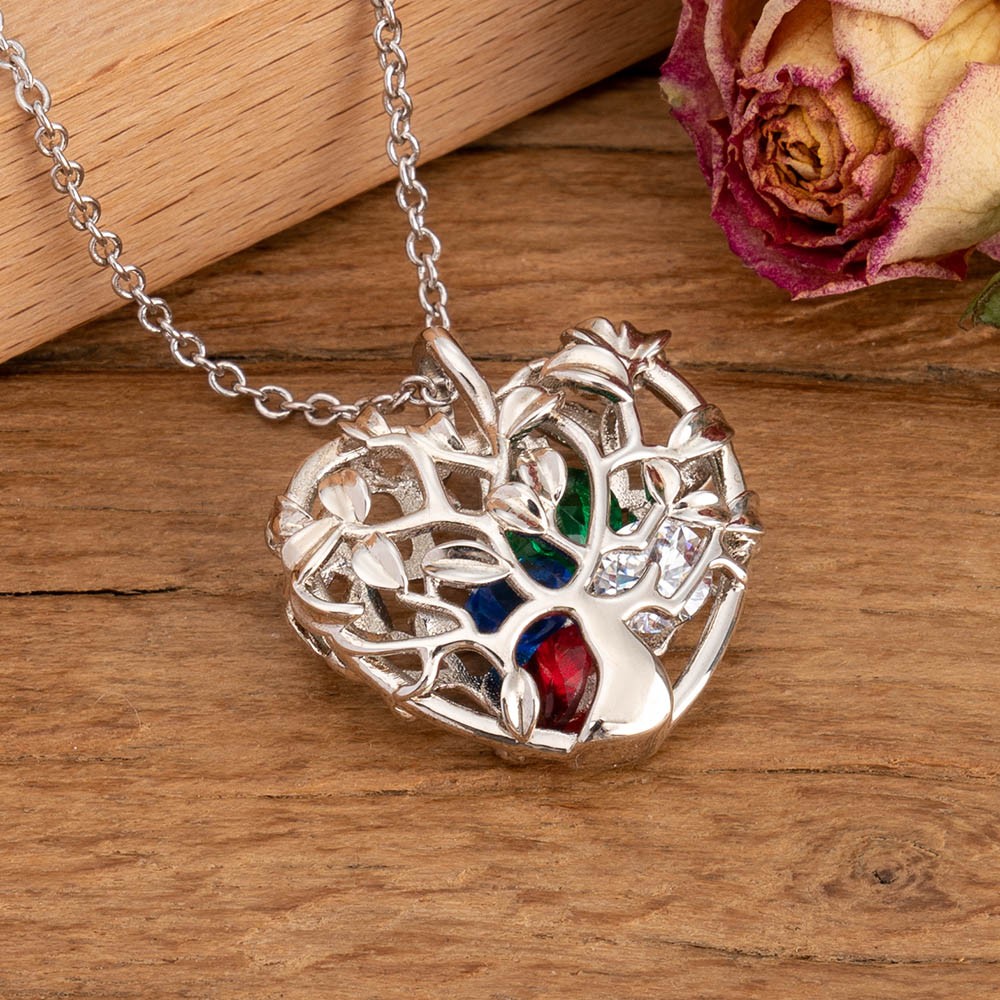 Collier pendentif en forme d'arbre généalogique en forme de coeur avec 1-8 pierres de naissance