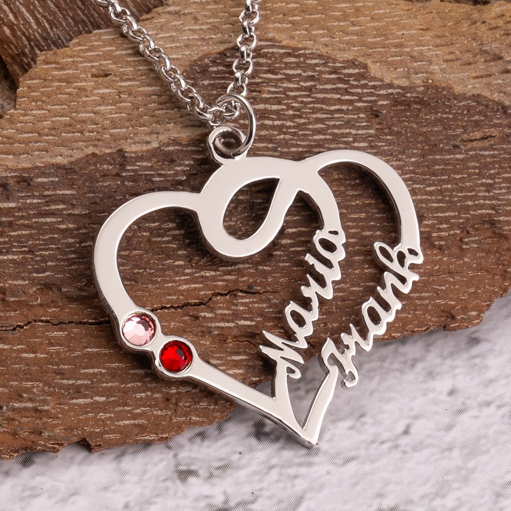 Collier personnalisé de pierre de naissance de nom de coeur de couples pour son cadeau d'anniversaire de jour de Valentine