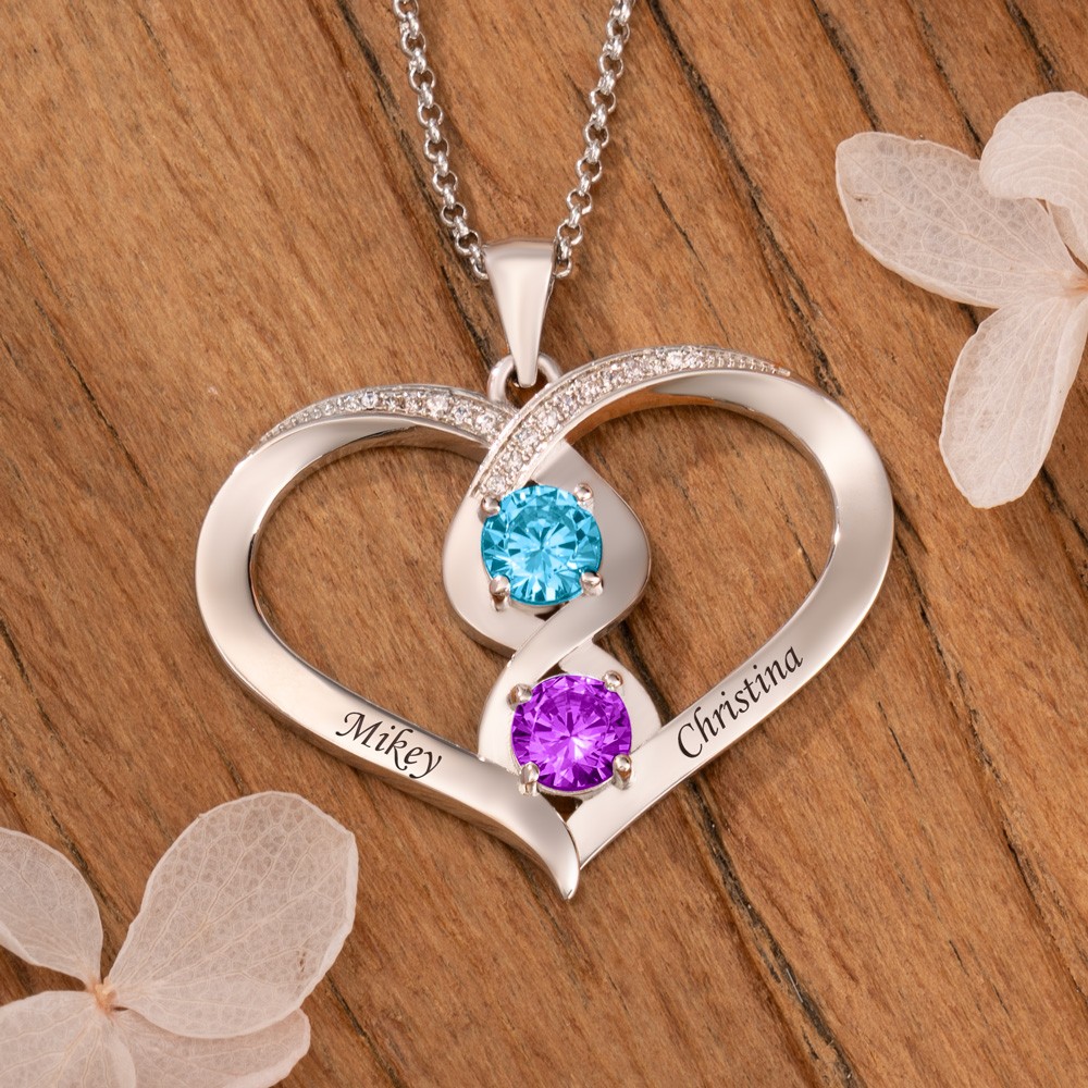 Collier personnalisé avec nom de couple en forme de cœur, avec pierres de naissance, idées cadeaux pour son anniversaire, cadeau de Saint-Valentin