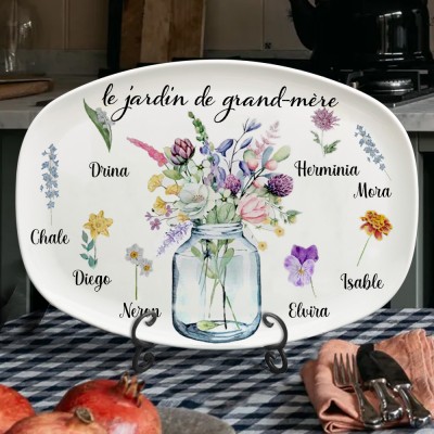 Plateau de fleurs personnalisé du mois de naissance du jardin de grand-mère avec noms d'enfants, cadeau de Noël pour grand-mère maman