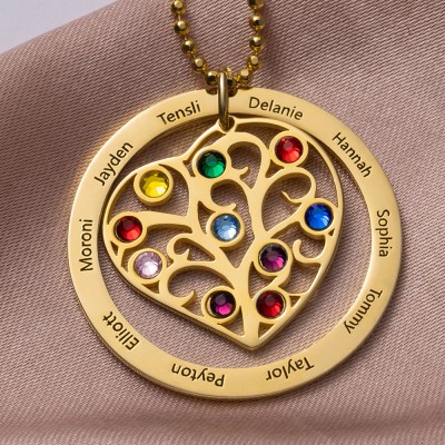 Collier personnalisé de pierre de naissance d'arbre généalogique en filigrane gravé avec des noms cadeau d'anniversaire pour le cadeau d'anniversaire de maman pour elle