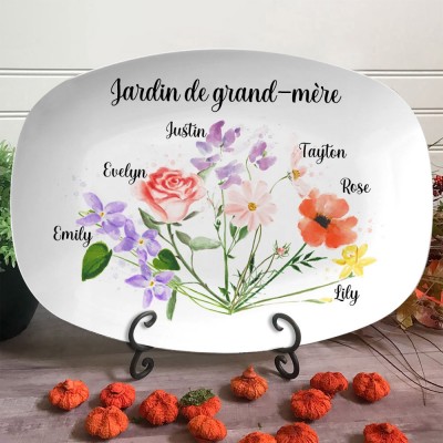 Plateau de bouquet de fleurs de mois de naissance de famille personnalisé avec des noms de famille cadeau unique pour grand-mère maman