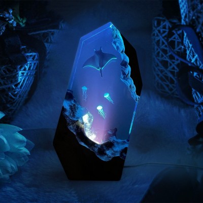 Raies Manta et méduses veilleuse résine bois lampe bleu océan Miniature cadeaux de noël