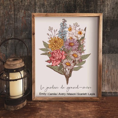 Cadre de bouquet de fleurs de naissance de jardin de grand-mère personnalisé, cadeaux de Noël pour grand-mère et maman