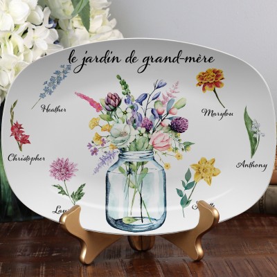 Plateau de fleurs personnalisé du mois de naissance du jardin de grand-mère avec noms d'enfants, cadeau de Noël pour grand-mère maman