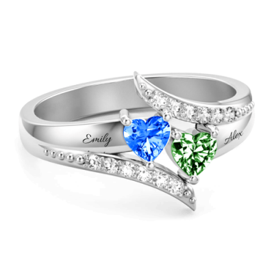 Bague de promesse personnalisée en argent sterling à double cœur avec pierre de naissance S925 pour elle