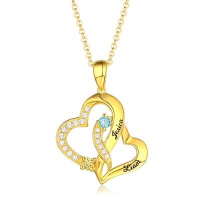 Collier Double Coeur Personnalisé Avec 2 Prénoms & Pierres De Naissance