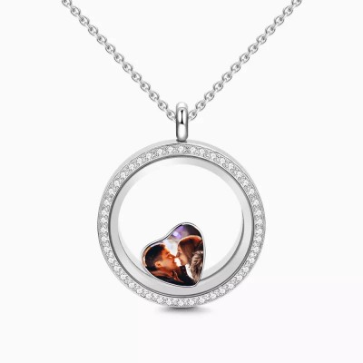 Collier médaillon flottant rond en cristal avec breloque photo coeur