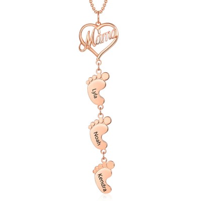 Collier maman personnalisé plaqué or rose 18 carats avec pendentifs 1-10 pieds de bébé