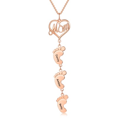 Collier maman personnalisé plaqué or rose 18 carats avec pendentifs 1-10 pieds de bébé