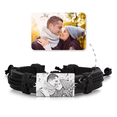 Bracelet en cuir noir avec étiquette gravée photo rectangle pour homme