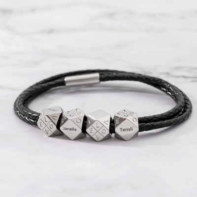 Cadeau de fête des pères Bracelet en cuir tressé pour homme personnalisé avec 1 à 10 perles polyédriques