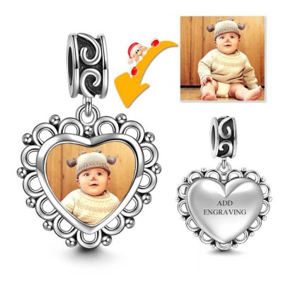 Charm Photo Gravé Pendentif Coeur Argent