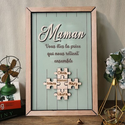 Maman personnalisée, vous êtes les pièces qui nous tiennent ensemble, pièces de puzzle, signe avec des noms, idées cadeaux pour la fête des mères