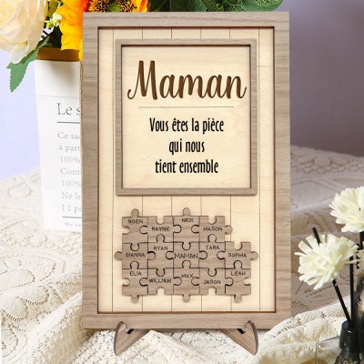 Maman tu es la pièce qui nous tient ensemble Pièces de puzzle personnalisées Signe de nom Cadeau d'amour pour grand-mère maman