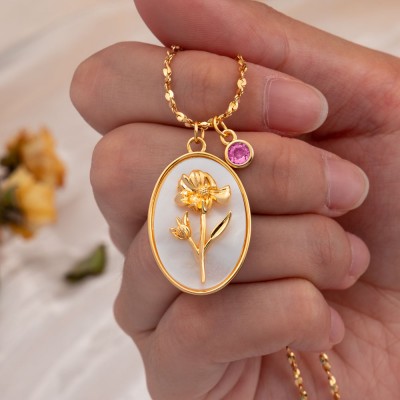 Collier en or avec coquille de mère de fleur de mois de naissance personnalisé avec cadeau de pierre de naissance pour maman, grand-mère