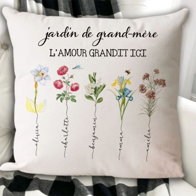 Oreiller de jardin de grand-mère personnalisé avec cadeau de noms de petits-enfants pour le cadeau d'anniversaire de maman grand-mère