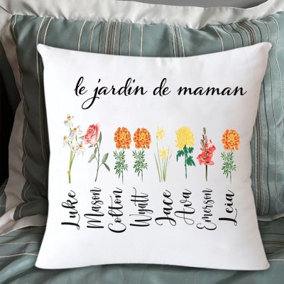 Oreiller de jardin de maman oreiller de fleur de naissance personnalisé avec des noms d'enfants cadeau pour maman grand-mère amour cadeau