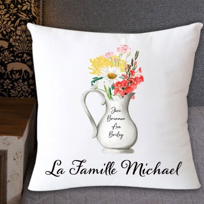 Oreiller de jardin de maman oreiller de fleur de naissance personnalisé avec des noms d'enfants cadeau pour maman grand-mère amour cadeau