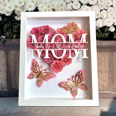 Boîte d'ombre à fleurs monogramme personnalisée en forme de cœur pour maman, avec noms d'enfants, idées cadeaux pour maman grand-mère