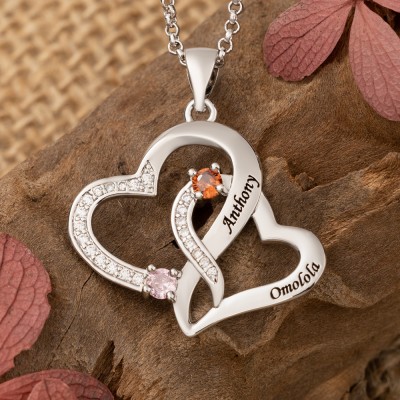 Collier double cœur personnalisé avec 2 noms et pierres de naissance cadeaux pour anniversaire saint-valentin