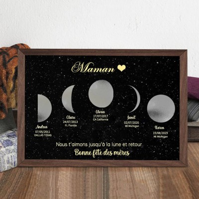 Cadeau personnalisé de famille de cadre en bois d’impression de phase de lune de maman pour des idées de cadeau de fête des mères de maman