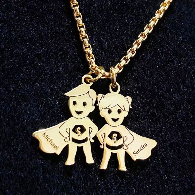 Cadeau de fête des pères personnalisé Super Kids pendentif nom collier avec gravure 1-15 noms