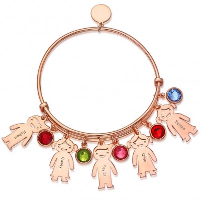 Bracelet jonc personnalisé par or rose 18K avec 1-10 pierres de naissance charmes d'enfants