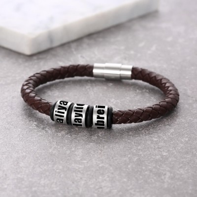 Bracelet en cuir marron personnalisé avec 1-10 perles