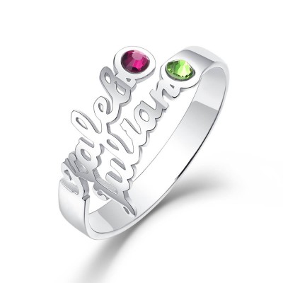 Bague de naissance personnalisée en argent sterling 925 avec cadeau de 2 noms pour elle